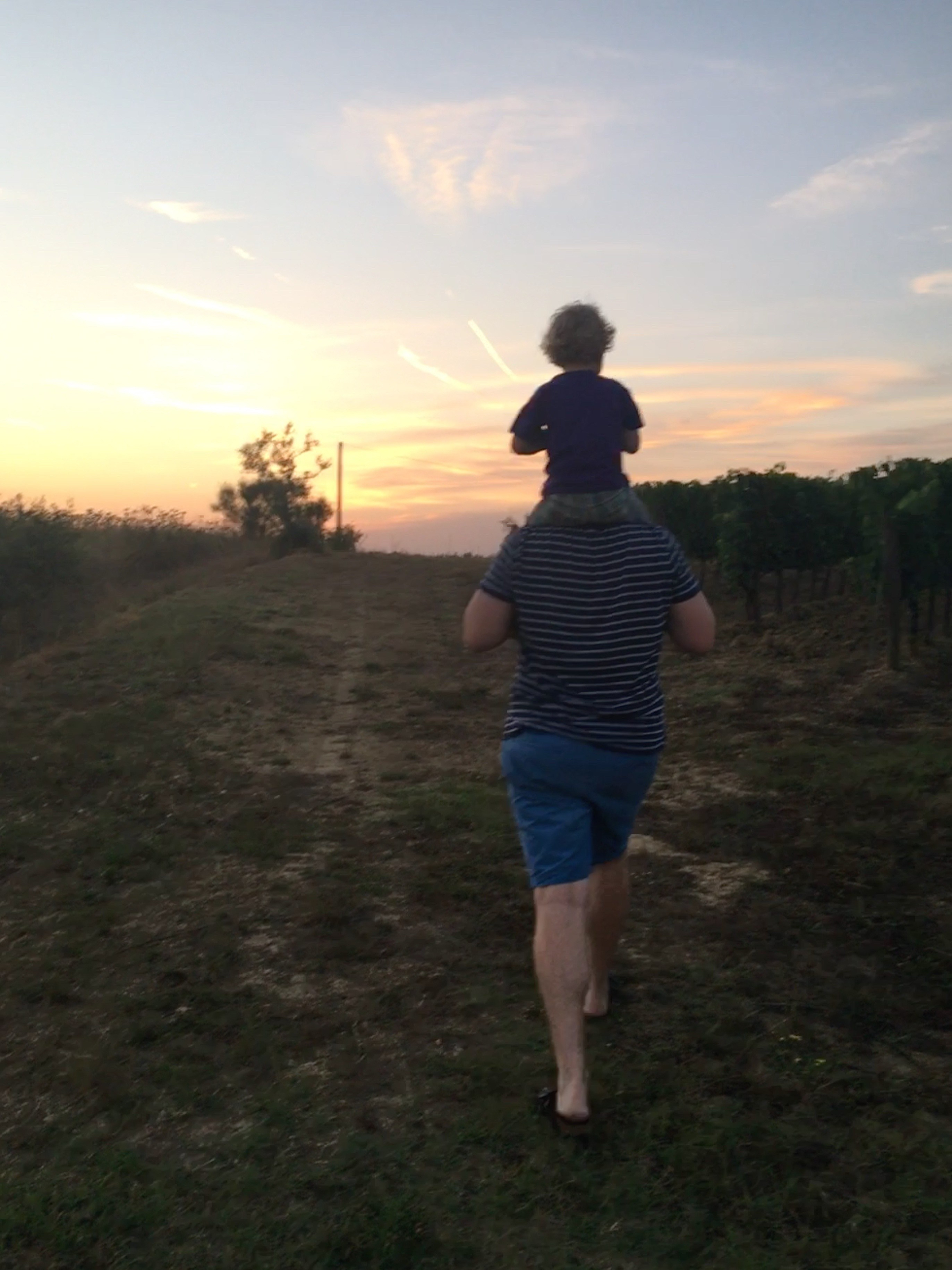Vader en zoon in toscane, aan het wandelen bij zonsondergang